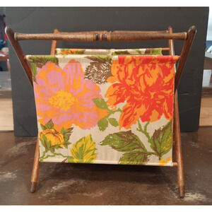 MCM Floral Knitting Yarn Basket Folding Sewing Wood Frame Orange Pink Green